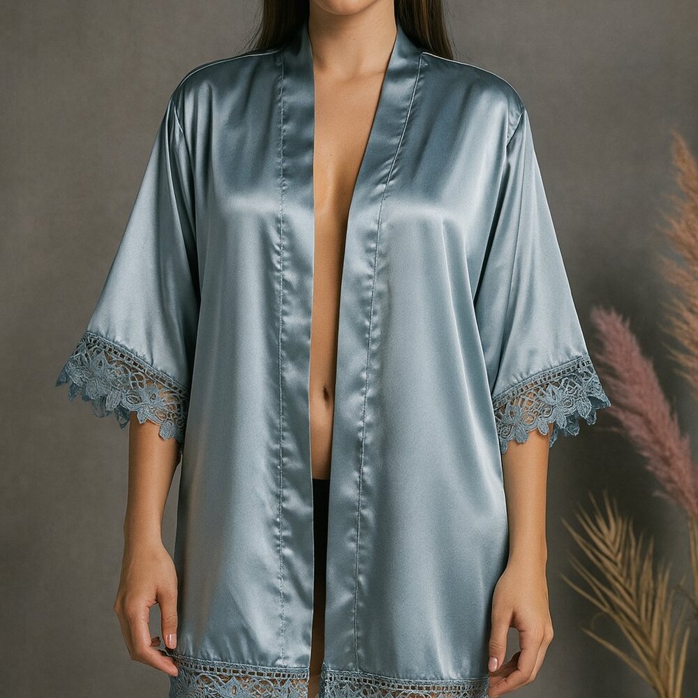 Birdy Grey Satin Robe with Lace Trim